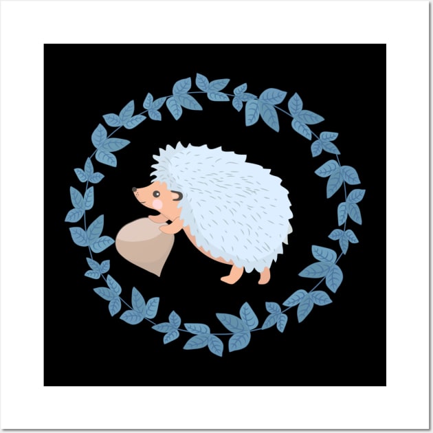 Hedgehog hazelnut blue leaves gift tendrils animal Wall Art by Littlelimehead